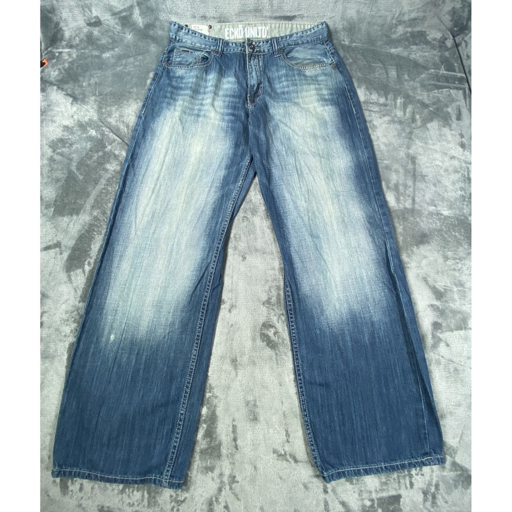 Ecko Baggy Jeans Fits 36x32 Blue Light Wash Y2K Vintage Denim Unltd. Whiskering